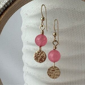 Artisan Gold Dangle Earrings with Pink Jade Beads